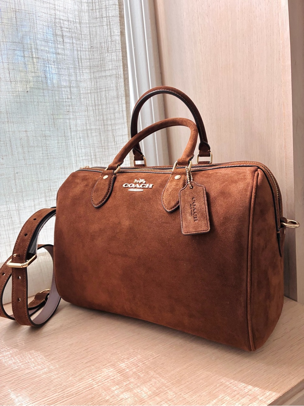 NWT🍯Coach Rowan Large Satchel Bag Suede Warm Brown CET42 Classic Crossbody - Picture 5 of 11